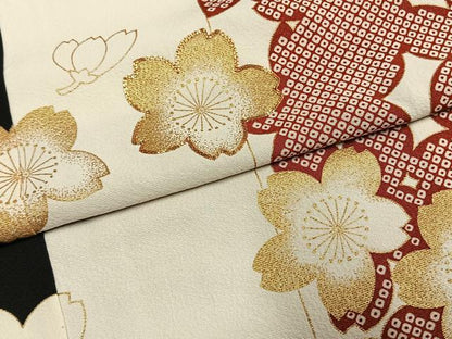 平和屋着物●訪問着　駒刺繍　市松桜文様　黒地　金彩　西武百貨店扱い　正絹　逸品　未使用　AABI9345fy