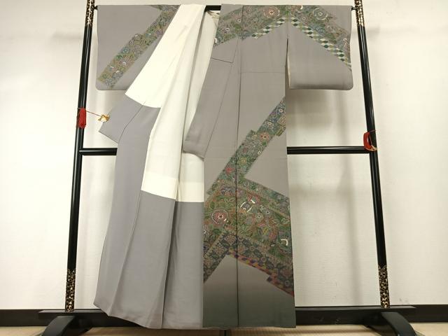 平和屋着物●訪問着　中国三大刺繍　汕頭刺繍　スワトウ刺繍　総刺繍　更紗花文　暈し染め　金糸　正絹　逸品　AABI9359fy