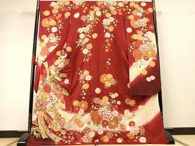 平和屋着物●豪華振袖　駒刺繍　絞り　草花文　暈し染め　金銀彩　京都きもの友禅扱い　正絹　逸品　AABI9368fy