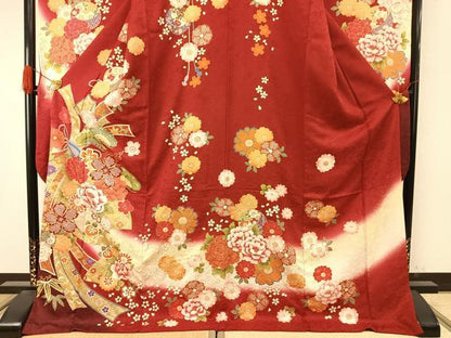 平和屋着物●豪華振袖　駒刺繍　絞り　草花文　暈し染め　金銀彩　京都きもの友禅扱い　正絹　逸品　AABI9368fy