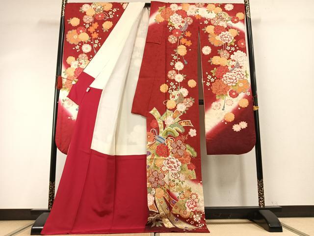 平和屋着物●豪華振袖　駒刺繍　絞り　草花文　暈し染め　金銀彩　京都きもの友禅扱い　正絹　逸品　AABI9368fy