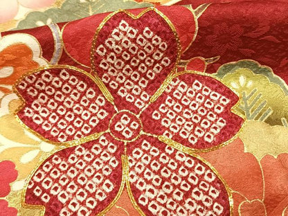 平和屋着物●豪華振袖　駒刺繍　絞り　草花文　暈し染め　金銀彩　京都きもの友禅扱い　正絹　逸品　AABI9368fy