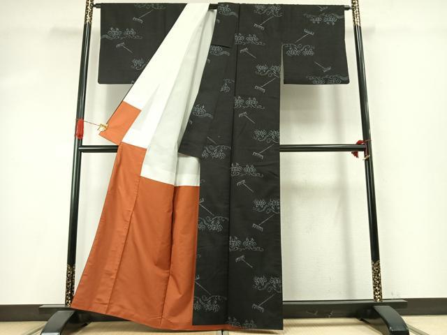 平和屋着物●上質な紬　蟹　黒地　正絹　逸品　AABI9370fy