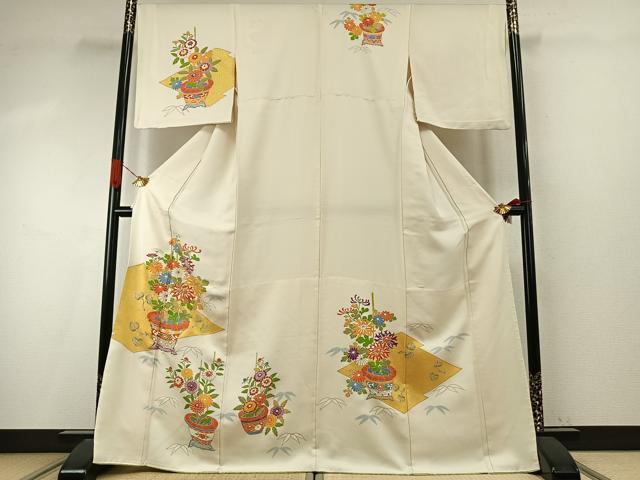平和屋着物●訪問着　駒刺繍　草花文　金彩　胴抜き仕立て　正絹　逸品　AABI9375fy