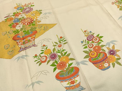 平和屋着物●訪問着　駒刺繍　草花文　金彩　胴抜き仕立て　正絹　逸品　AABI9375fy