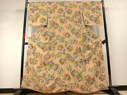 平和屋着物●上質な小紋　型染め　雪輪花文　鬼しぼ縮緬　正絹　逸品　AABI9376fy