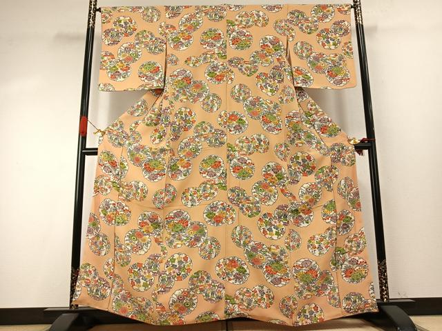 平和屋着物●上質な小紋　型染め　雪輪花文　鬼しぼ縮緬　正絹　逸品　AABI9376fy
