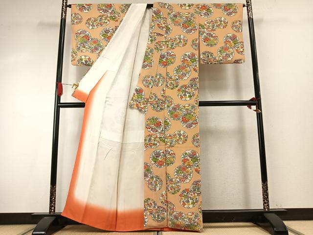 平和屋着物●上質な小紋　型染め　雪輪花文　鬼しぼ縮緬　正絹　逸品　AABI9376fy