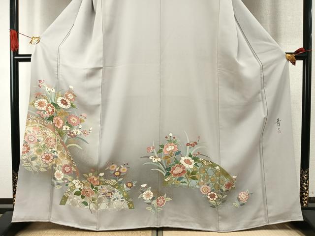 平和屋着物●友禅作家の巨匠　浅井青仁　色留袖　駒刺繍　草花文　暈し染め　金銀彩　正絹　逸品　AABI9385fy