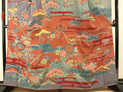 平和屋着物●豪華振袖　紅型　草花文　正絹　逸品　AABI9394fy