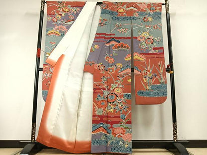 平和屋着物●豪華振袖　紅型　草花文　正絹　逸品　AABI9394fy