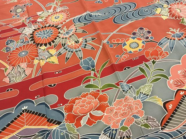 平和屋着物●豪華振袖　紅型　草花文　正絹　逸品　AABI9394fy