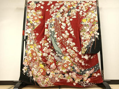 平和屋着物●豪華振袖　駒刺繍　草花文　金彩　京都きもの友禅扱い　正絹　逸品　AABI9399fy
