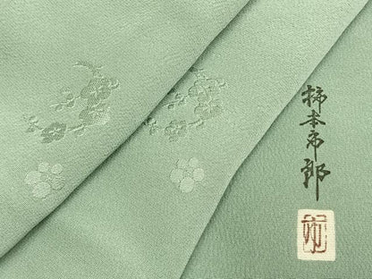 平和屋着物●本加賀友禅作家　柿本市郎監修　色無地　草花地紋　錆青磁色　三越扱い　正絹　逸品　AABI9411fy