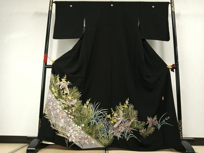 平和屋着物●本加賀友禅作家　稲手明仁　黒留袖　花鳥文　三越扱い　正絹　逸品　AABI9412fy