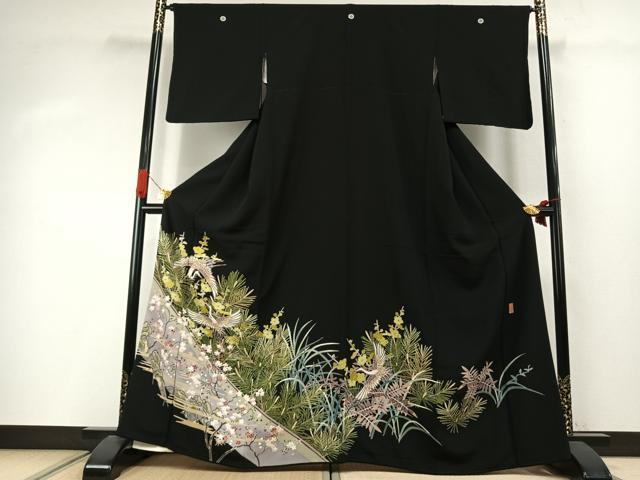 平和屋着物●本加賀友禅作家　稲手明仁　黒留袖　花鳥文　三越扱い　正絹　逸品　AABI9412fy