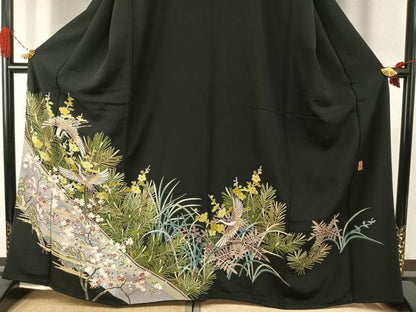 平和屋着物●本加賀友禅作家　稲手明仁　黒留袖　花鳥文　三越扱い　正絹　逸品　AABI9412fy
