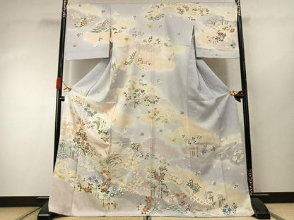 平和屋着物●訪問着　駒刺繍　草花文　暈し染め　金彩　ロング丈　正絹　逸品　AABI9415fy