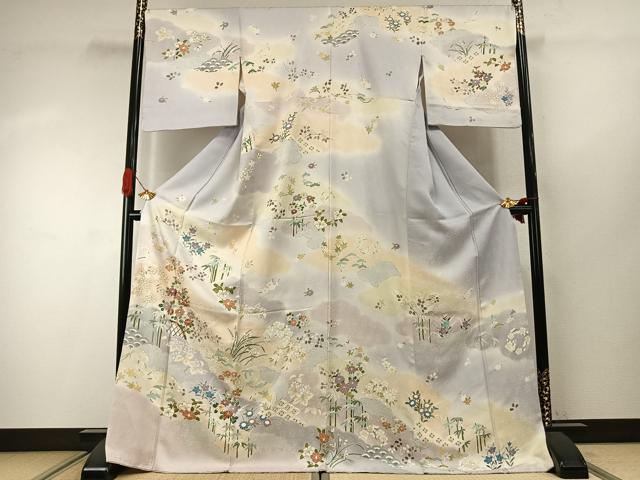 平和屋着物●訪問着　駒刺繍　草花文　暈し染め　金彩　ロング丈　正絹　逸品　AABI9415fy