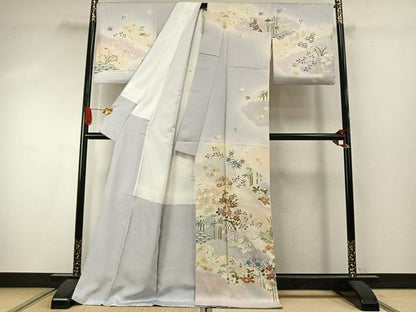 平和屋着物●訪問着　駒刺繍　草花文　暈し染め　金彩　ロング丈　正絹　逸品　AABI9415fy