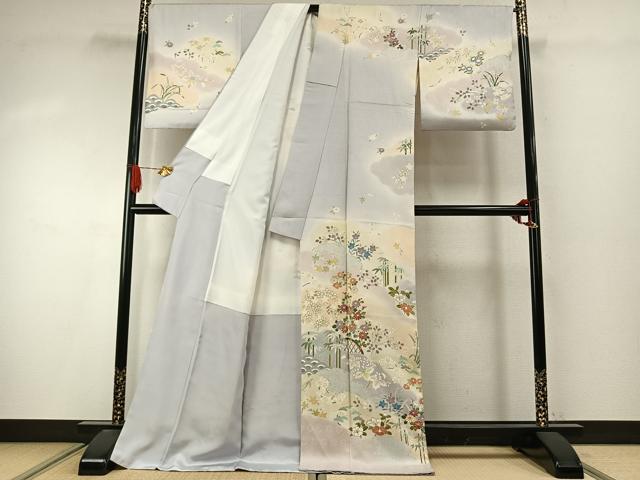 平和屋着物●訪問着　駒刺繍　草花文　暈し染め　金彩　ロング丈　正絹　逸品　AABI9415fy
