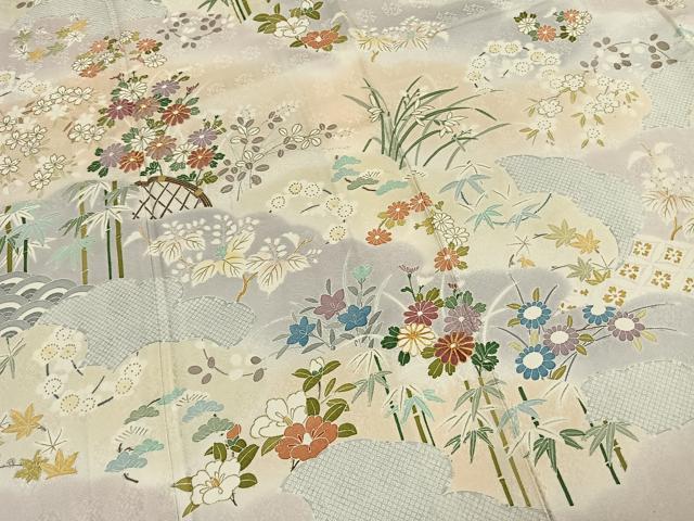 平和屋着物●訪問着　駒刺繍　草花文　暈し染め　金彩　ロング丈　正絹　逸品　AABI9415fy