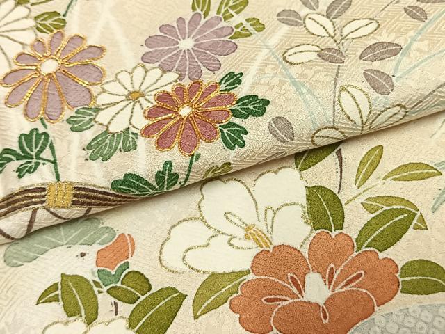 平和屋着物●訪問着　駒刺繍　草花文　暈し染め　金彩　ロング丈　正絹　逸品　AABI9415fy