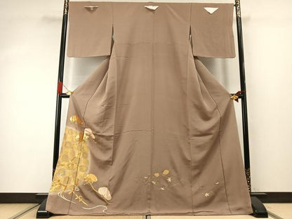 平和屋着物●豪華色留袖　駒刺繍　枝松文　金彩　ロング丈　正絹　逸品　AABI9416fy