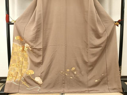平和屋着物●豪華色留袖　駒刺繍　枝松文　金彩　ロング丈　正絹　逸品　AABI9416fy
