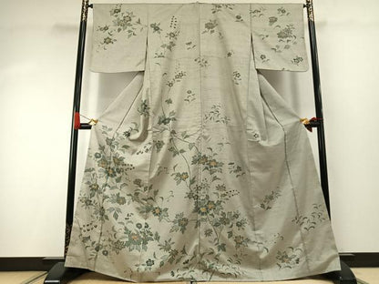 平和屋着物●訪問着　紬地　刺繍　花唐草文　金糸　正絹　逸品　未使用　AABI9421fy