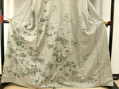 平和屋着物●訪問着　紬地　刺繍　花唐草文　金糸　正絹　逸品　未使用　AABI9421fy