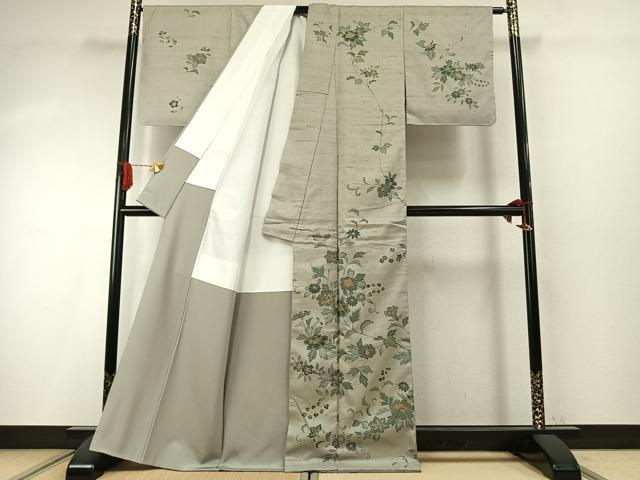平和屋着物●訪問着　紬地　刺繍　花唐草文　金糸　正絹　逸品　未使用　AABI9421fy