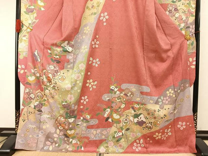 平和屋着物●豪華振袖　駒刺繍　絞り　花蝶文　金彩　正絹　逸品　AABI9432fy
