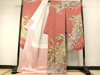 平和屋着物●豪華振袖　駒刺繍　絞り　花蝶文　金彩　正絹　逸品　AABI9432fy