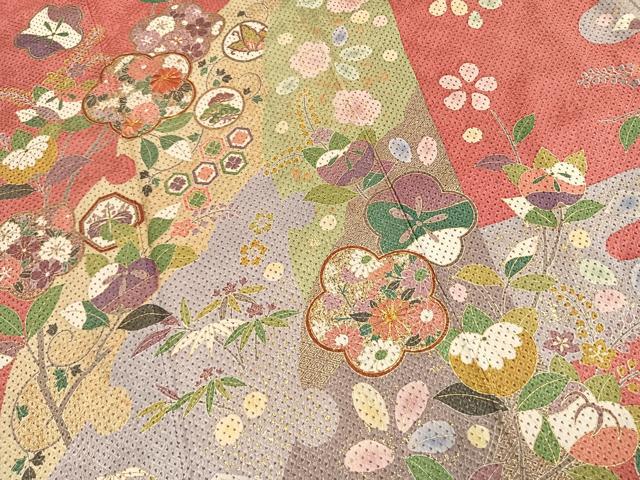 平和屋着物●豪華振袖　駒刺繍　絞り　花蝶文　金彩　正絹　逸品　AABI9432fy