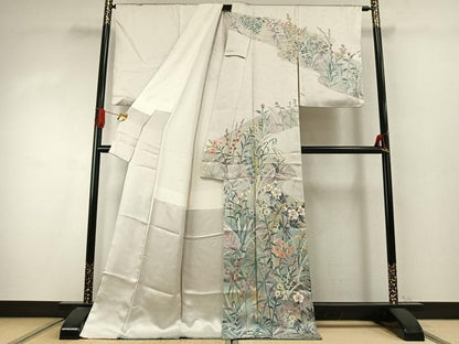 平和屋着物●訪問着　手描き　草花文　金彩　ロング丈　正絹　逸品　AABI9435fy