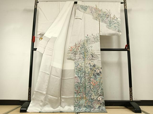 平和屋着物●訪問着　手描き　草花文　金彩　ロング丈　正絹　逸品　AABI9435fy