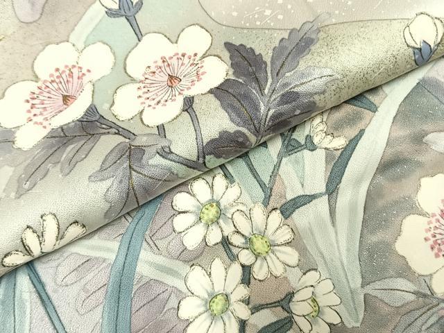 平和屋着物●訪問着　手描き　草花文　金彩　ロング丈　正絹　逸品　AABI9435fy