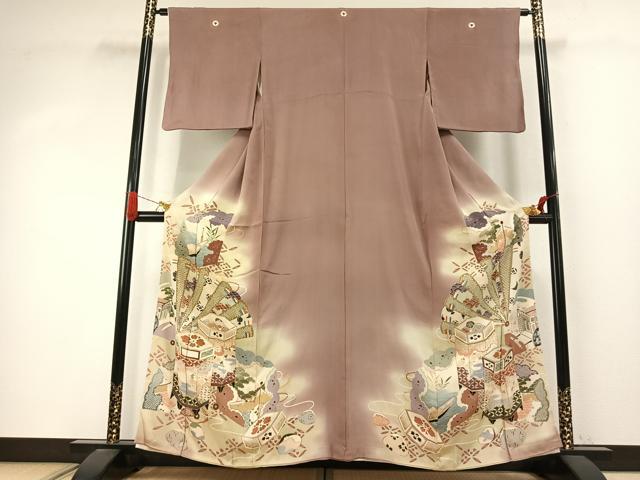 平和屋着物●アンティーク　大正ロマン　色留袖　駒刺繍　扇面貝桶花文　暈し染め　正絹　逸品　AABI9436fy