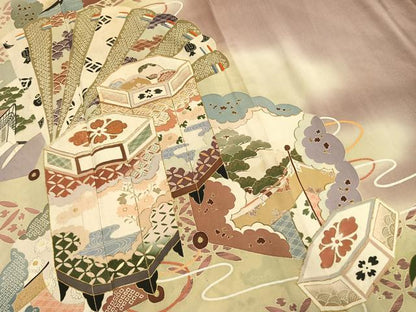 平和屋着物●アンティーク　大正ロマン　色留袖　駒刺繍　扇面貝桶花文　暈し染め　正絹　逸品　AABI9436fy