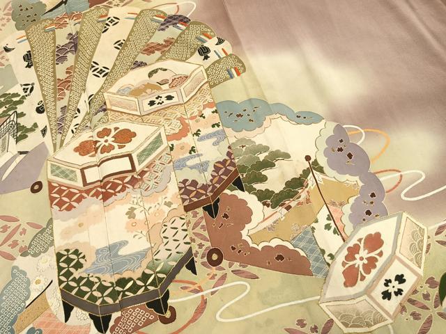 平和屋着物●アンティーク　大正ロマン　色留袖　駒刺繍　扇面貝桶花文　暈し染め　正絹　逸品　AABI9436fy
