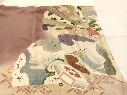 平和屋着物●アンティーク　大正ロマン　色留袖　駒刺繍　扇面貝桶花文　暈し染め　正絹　逸品　AABI9436fy