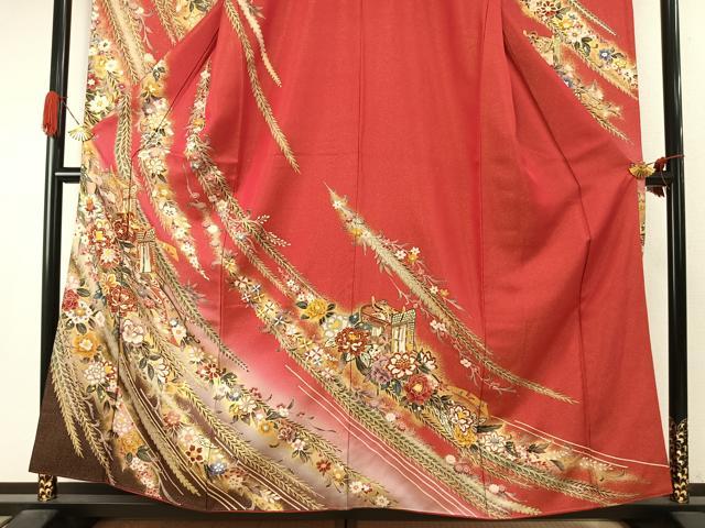 平和屋着物●豪華振袖　駒刺繍　御所車花文　暈し染め　金彩　金通し地　正絹　逸品　AABI9438fy