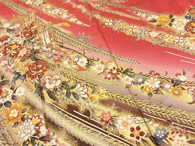 平和屋着物●豪華振袖　駒刺繍　御所車花文　暈し染め　金彩　金通し地　正絹　逸品　AABI9438fy