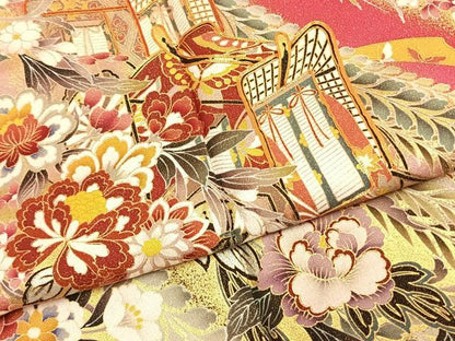 平和屋着物●豪華振袖　駒刺繍　御所車花文　暈し染め　金彩　金通し地　正絹　逸品　AABI9438fy
