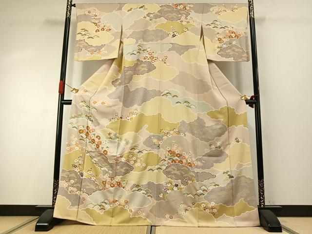 平和屋着物●訪問着　駒刺繍　雲取り花文　金彩　正絹　逸品　AABI9446fy