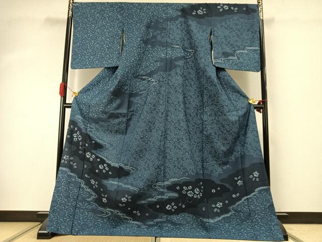 平和屋着物●訪問着　紬地　絞り　藍　型染め　草花文　ロング丈　正絹　逸品　AABI9450fy