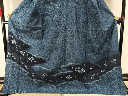 平和屋着物●訪問着　紬地　絞り　藍　型染め　草花文　ロング丈　正絹　逸品　AABI9450fy