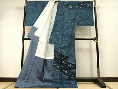 平和屋着物●訪問着　紬地　絞り　藍　型染め　草花文　ロング丈　正絹　逸品　AABI9450fy