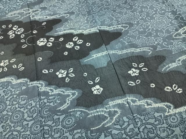 平和屋着物●訪問着　紬地　絞り　藍　型染め　草花文　ロング丈　正絹　逸品　AABI9450fy